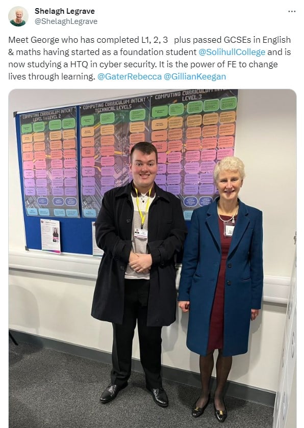 Tweet by the FE Commissioner with student George